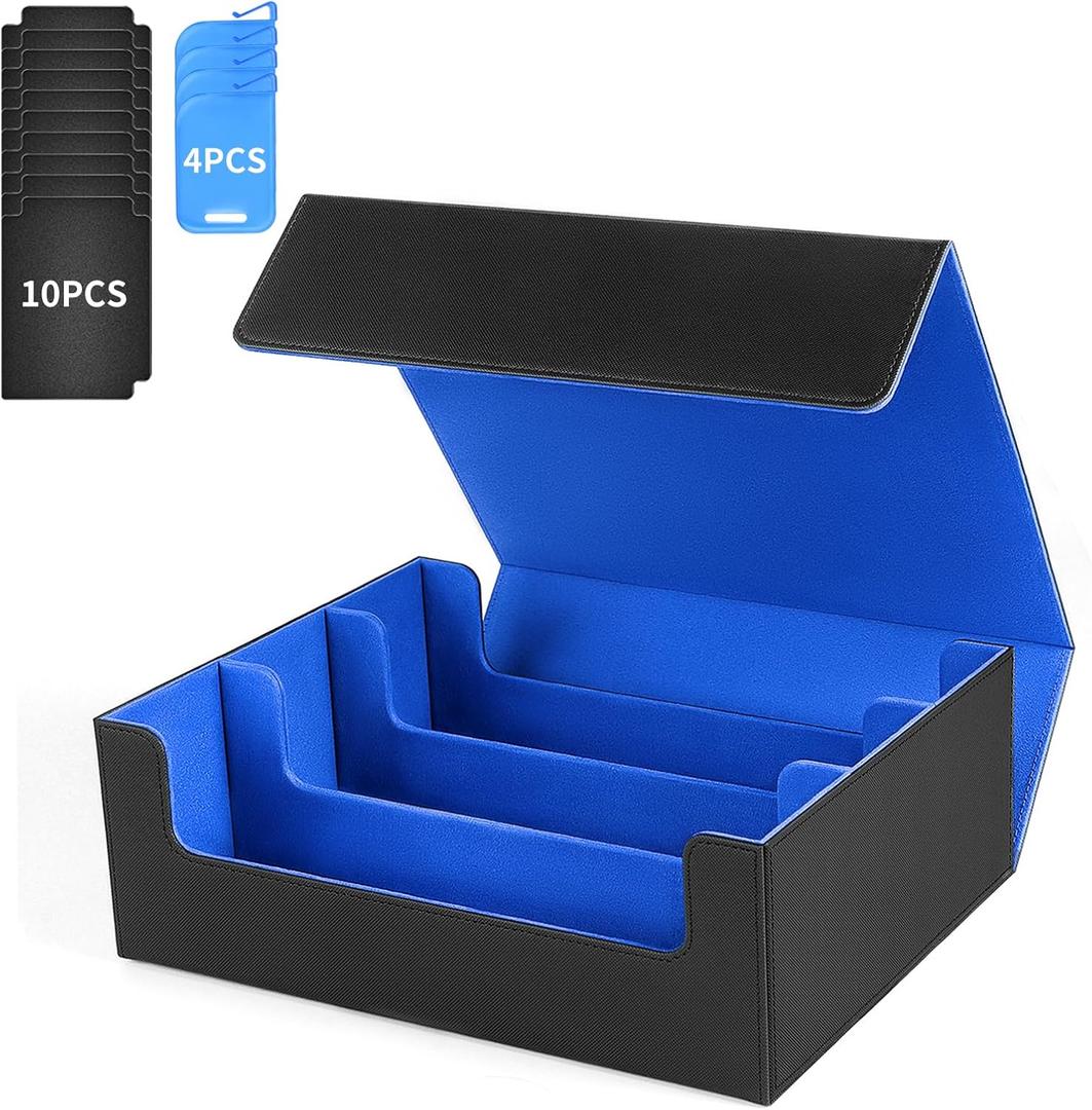 Card Storage Box For Trading Cards1800+, PU Leather Magnetic Closure Storage Box with 10PCS Divider, Card Deck Box Fit MTG, and Sport Cards (Black Purple) (Black Blue)