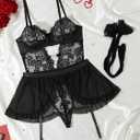 Alrovetoney Women Lingerie with Garter Belt 4pcs Set Lace Contrast Mesh Bodysuit Ruffle Garter Belt Skirt With Stockings (Black, XXL)