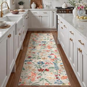 PureCozy Floral Runner Rug 3x8 Washable Hallway Long Beige Bedroom Carpet Non Slip Indoor Boho Kitchen Low Pile Accent Rug Lightweight Soft for Bathroom Dining Laundry Living Room