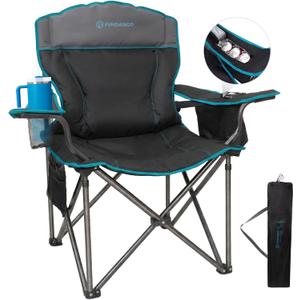FUNDANGO Oversized Camping Chair for Adults,550lbs Heavy Duty Foldable Portable Lawn Chair with Padded Seat & Back, 4-can Cooler & Cup Holder, Carry Bag Included for Outdoor (Black/Grey) (21"D x 40.55"W x 38.6"H)
