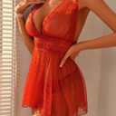 OYOANGLE Women's 2 Piece Polka Dots Lace Sheer Mesh V Neck Babydoll Teddy Lingerie Set (Red, XXL)
