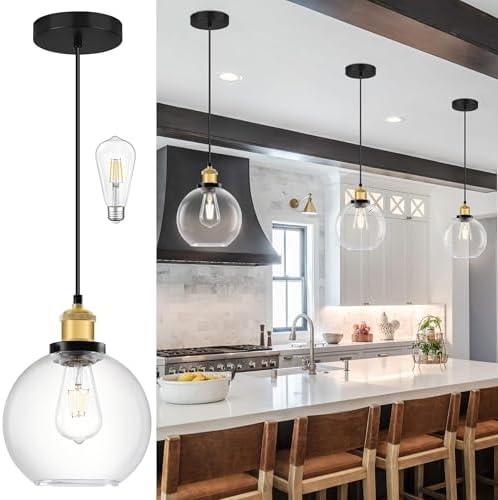 Bagood Globe Pendant Lighting with Clear Glass Gold and Black Light Fixture Globe Pendant Lighting Mid Century Modern Hanging Light Fixture for Sink Bathroom Entryway Kitchen Island (Bulb Incl.)