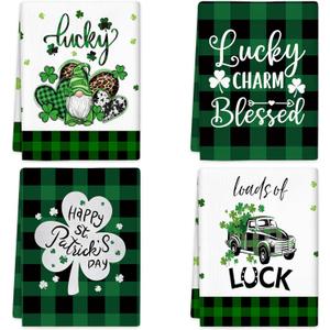 St. Patricks Day Kitchen Towels Set of 4 - Green Buffalo Plaid Shamrock Dish Cloths Hand Towels for Holiday Home Decor, Cooking Drying, 16x24 Inch St Patricks Day Decorations Lucky Irish Gnome Design