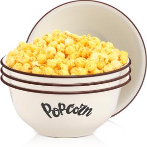 Pickmesh 4 Pcs Large Popcorn Bowl Reusable 3.4 Quart Bowl Serving Popcorn Bucket Enamel Vintage White Bowls with Black Rim Retro Extra Large Enamelware for Movie Theater Night