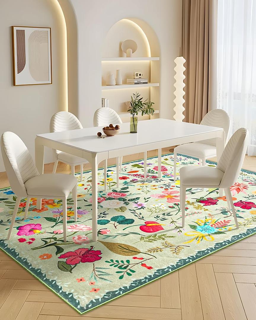CRYPTOLITE Boho Washable Area Rug 5x7  Floral Low Pile Non-Slip Carpet for Living Room, Bedroom, Office, Playroom, Entryway, Kitchen, Dining Room (Green)
