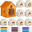 Soaoo 9 Sets Thanksgiving Wooden House with 12 Pcs Watercolor Pens Fall Wooden Houses for Crafts Kids' Wood Craft Kits for Thanksgiving Party Supplies DIY Paint Art