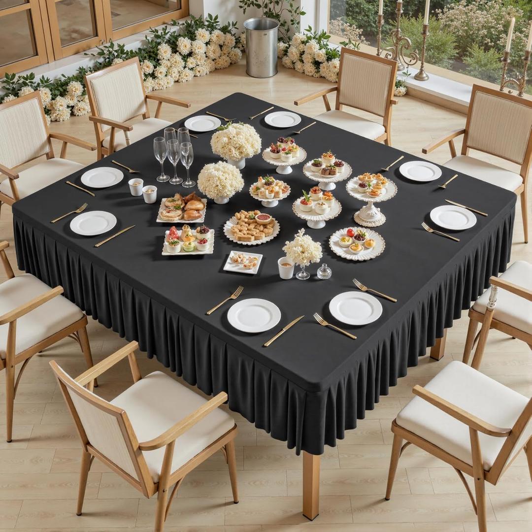 Wish Care Black Spandex Tablecloths for 60x60 Inch Square Tables, Stretch Fitted Table Clothes with Pleated Ruffle Skirt for 60 Table, Wrinkle Free and Elastic, for Party Kitchen Home Dining