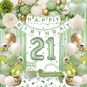 Sage Green 21st Birthday Decorations - Happy Birthday Banner, Gold Balloons, Crown, Sash, Fringe Curtain, Tablecloth, Cake Topper for Girls' 21st Party
