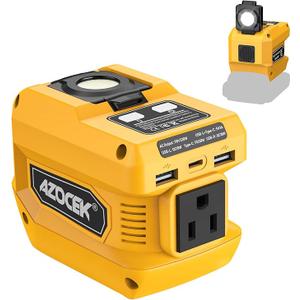 Azocek 220W Power Inverter Compatible with Dewalt 20V Battery(Battery not Included), DC 20V to AC 110V, 2 USB Ports & 1 TypeC Fast Charging, 400LM LED Work Light