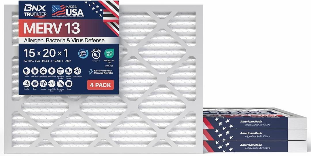 BNX TruFilter 15x20x1 Air Filter MERV 13 (4-Pack) - MADE IN USA - Electrostatic Pleated Air Conditioner HVAC AC Furnace Filters for Allergies, Pollen, Mold, Bacteria, Smoke, Allergen, MPR 1900 FPR 10