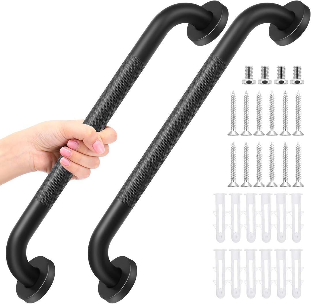 Yaocom 2 Pack Matte Black Shower Grab Bars 16 Inch Shower Safety Grab Bars Handles Replacement with Screws and Accessories 304 Stainless Steel Bathroom Handle for Handicap Elderly Senior Assist