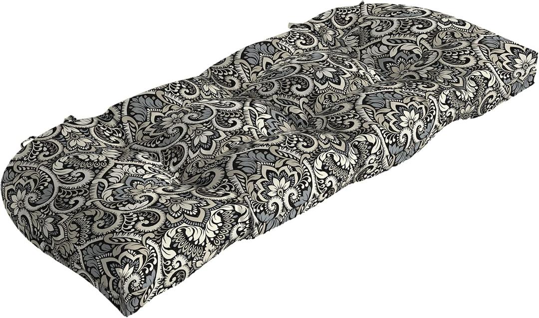 Arden Outdoor Wicker Settee Cushion, 41.5 x 18, Rain-Proof, Fade Resistant Black Aurora Damask