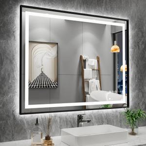 Amorho 40"X32" LED Bathroom Mirror with Black Frame, Front Lit and Backlit