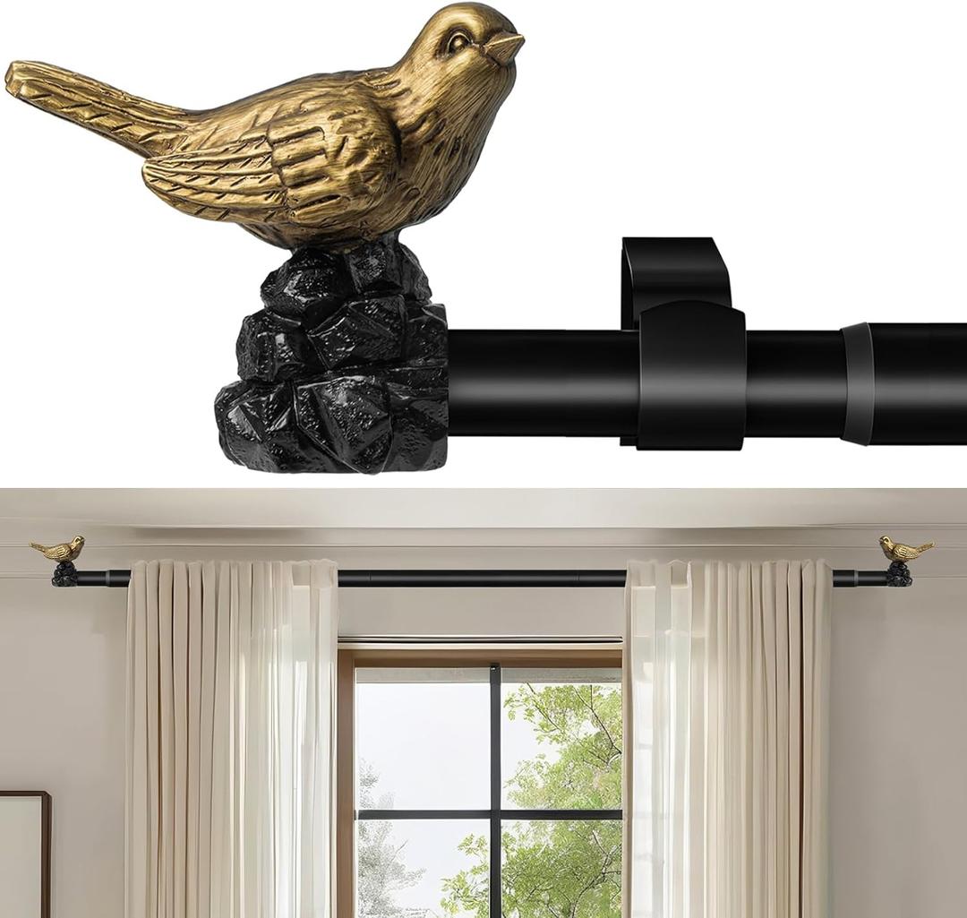 Vintage Black Curtain Rod 18 to 45 Inches Curtain Rods for Windows Adjustable Heavy Duty Drapery Rod with Gold Bird Finials for Kitchen Window Living Room