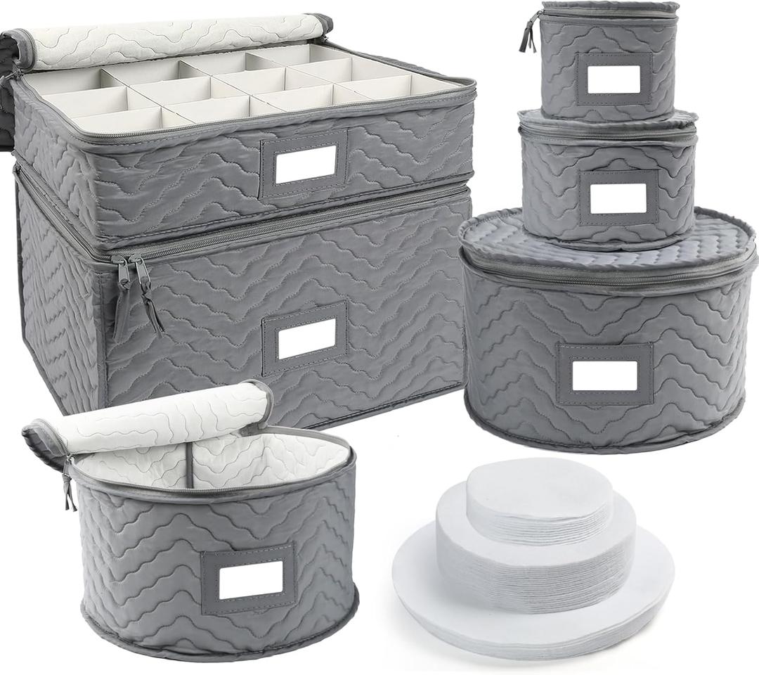 LotFancy China Storage Containers - Quilted 6-Piece Set Storage Box- Stores Chinaware, Stemware, Dinnerware, Dish Storage Service for 12, 48 Pcs Felt Protectors, Cardboard Dividers Included