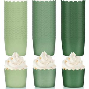 Whaline 120Pcs Sage Green Paper Baking Cups Scalloped Edge Cupcake Wrappers Gradient Green Cupcake Muffin Cases for Wedding Birthday Baby Shower, 3 Colors