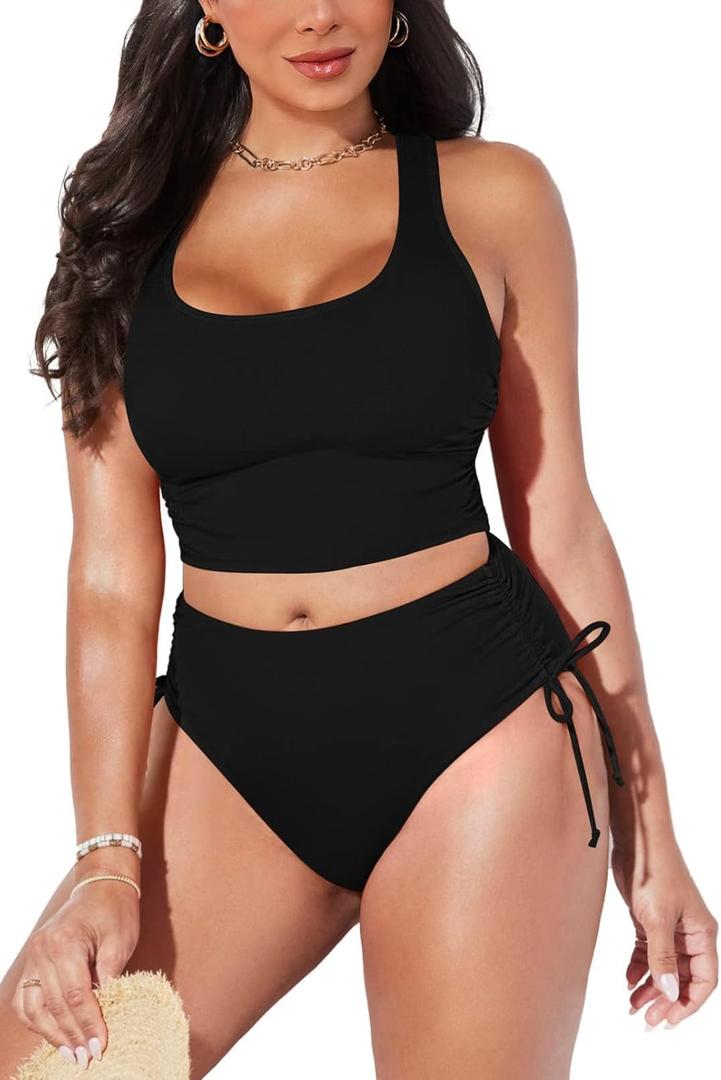 Pink Queen Women's Scoop Neck Racerback Ruched Crop Top High Waisted Bikini Sets 2 Piece Swimsuit Bathing Suit (Black, M)