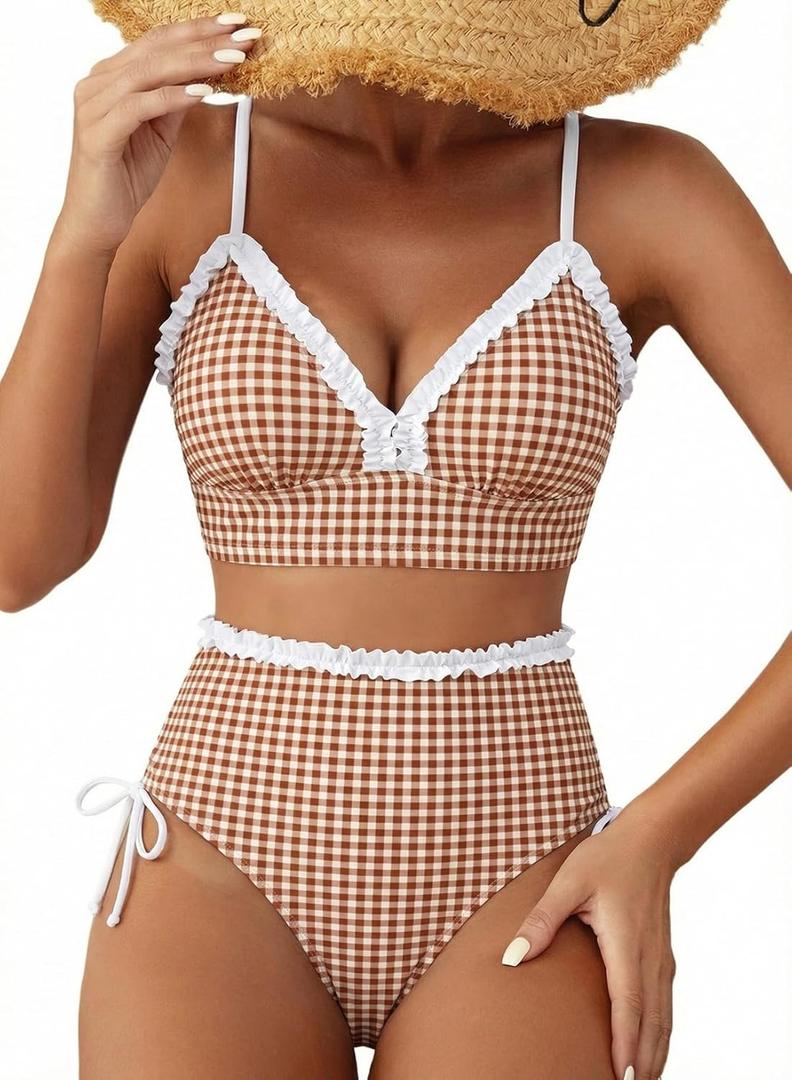 Herseas Women's Splice Ruffle Trim Bikini Sets V Neck Lace Up Side 2 Piece Swim Suits Swimsuits High Waisted Bathing Suits Teen Girls Gingham Retro Classic Beach Vacation Clothes Small