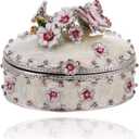 Hand Painted Trinket Box for Home Decor, Hinged Enameled Jewelry Box for Ring Earrings Jewelry Organizer, Unique Vintage Bejeweled Storage Figurine Collectible Keepsake (Flower with Butterfly)