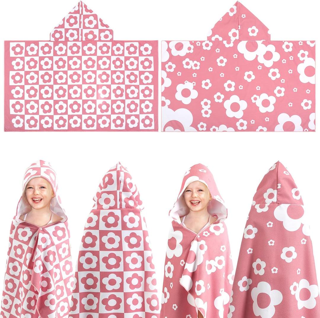 Mindsoft 2 Pcs Kids Hooded Bath Towel 50" x 30" Kids Hooded Beach Bath Towels Pink Microfiber Girls Bath Towels Pool Beach Towel Wrap for 3-12 Years Girls Toddlers Swimming Cover up 2 Design(Flowers)