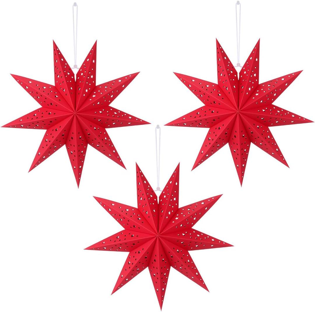 CALLARON 3Pcs Christmas Star Lampshade Paper Star Lantern 9 Pointed Paper Hanging Decorative Lampshade Xmas Red Lantern for Christmas Wedding Birthday Party 13.78 x 13.78inch