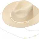 Cutecrop Womens Beach Straw Hats Wide Brim Summer Sun Hats with Seashells Lanyard Foldable Packable Panama Cap Vacation Essentials Beige