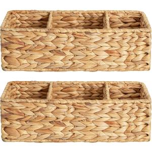 StorageWorks Wicker Toilet Basket Tank Topper, Toilet Paper Basket for Back of Toilet Tank Top, 3-Section Water Hyacinth Storage Baskets, 2-Pack (Natural(Water Hyacinth))