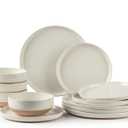 AmorArc Ceramic Dinnerware Sets, Handpainted Plates and Bowls Set with Rustic Terracotta Underside, Scratch Resistant Stoneware Dishes Set, Dishwasher & Microwave Safe (Service for 4, Light Beige)