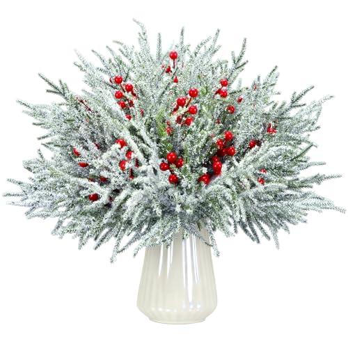 FUNID 40 PCS Christmas Artificial Snow Pine Branches with Berry Stems,14" Faux Norfolk Pine Branches Faux Greenery Picks for Christmas Vase Filler Garland Home Decorations