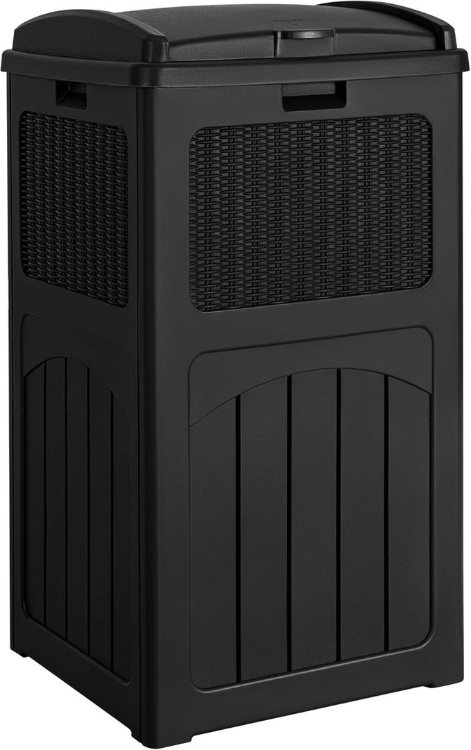 Devoko 33 Gallon Outdoor Trash Can with Dual Lid, Heavy Duty Waterproof Resin Garbage Bins Outside, Hideaway Waste Bins for Patio, Outside Pool, Backyard and Deck (1, Black)