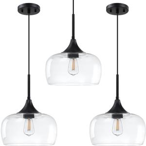 3 Pack 1 Light Hanging Indoor Kitchen Island Pendant Ceiling Light Fixture,10" Clear Drum Glass ShadeBlack Finish Modern Farmhouse Dinning Over Sink