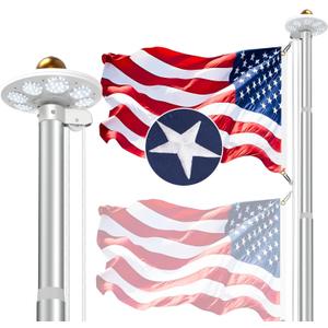 10 Gauge Heavy Duty Flag Pole Kit Light Solar, 120MPH 3mm Thick Flagpole Hardware Kit for 2 Flag for Outside House In Ground Use, 25FT Silver with One 3x5 Flag