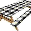Vintage Gingham Picnic Table Cover with Bench Covers Set of 3 - Black White Check with Floral Accents, Elastic Fitted Tablecloth for 6 Ft Tables, Washable Polyester Cover for Patio, Indoor & Outdoor
