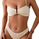 ZAFUL Women's Bandeau Tie Spaghetti Strap Bikini Textured O Ring Ruched High Leg Swimsuit Cheeky Bathing Suits Small
