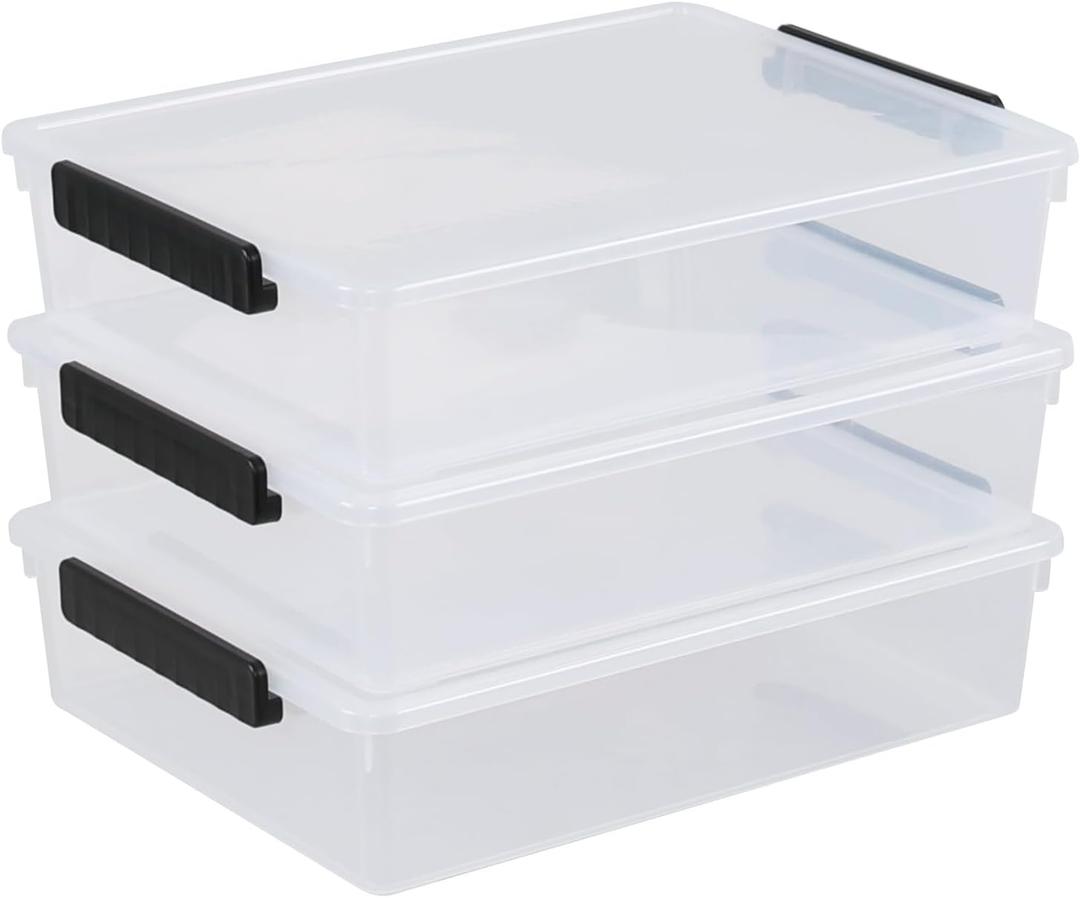 Saedy 3-Pack 5 Quart Plastic File Storage Bins With Lids, Clear Flat Stackable Storage Box