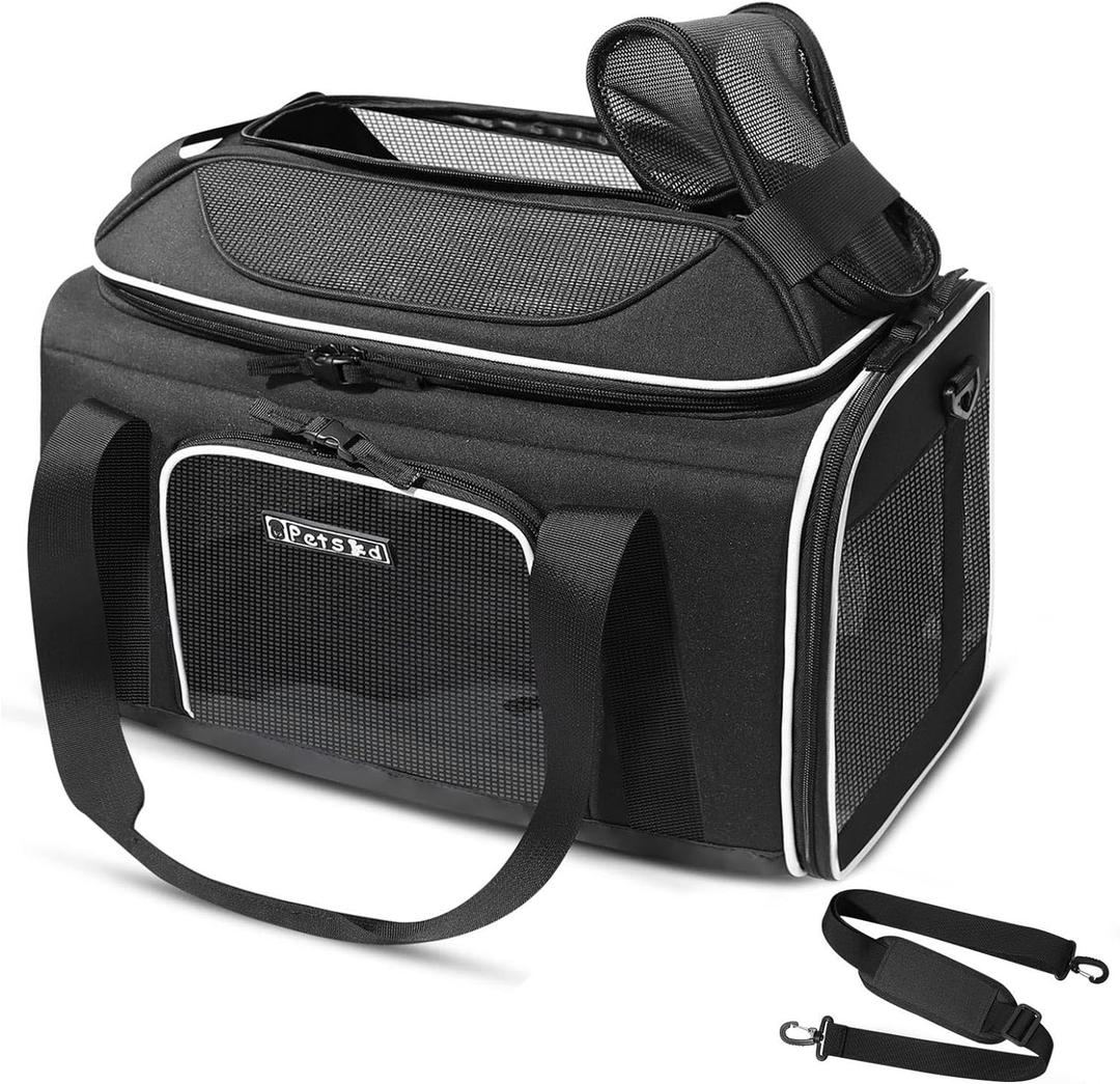 Petskd Top-Expandable Pet Carrier 18x13x9.5 Inches Southwest Airline Approved, Soft-Sided Carrier for Small Cats and Dogs with Locking Safety Zippers and Anti-Scratch Mesh(Black)