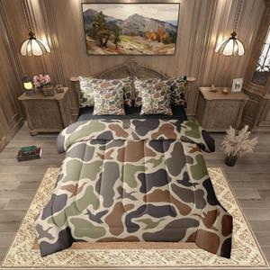 Erosebridal Green Camo 7 Pcs Comforter Set Full Duck Huner Bedding Set Army Hunting Comforter for Teens Men Camouflage Military Bed in A Bag Sheet Set Boys Wild Woodland Rustic Bedroom Decor