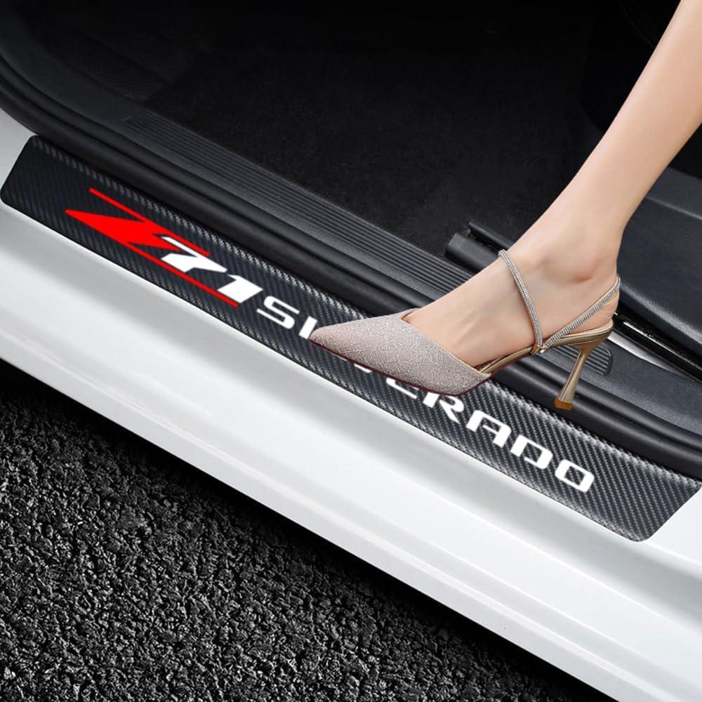 4Pcs Door Sill Plate Protectors Compatible with Silverado Z71 Car Accessories, Carbon Fiber Leather Door Sill Stickers for Car Auto Accessories
