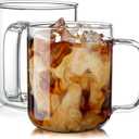 Glass Coffee Mugs, 16 oz Ice coffee cups, Large Clear Tea Cups Set of 2, Glass Mugs with Handles, Glass Cups for Latte, Cappuccino, and Tea