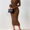 Narecte Sweater Dresses for Women 2025 Midi Winter Dress Square Neck Bodycon Dresses Long Sleeve Casual Dress Mocha Brown L