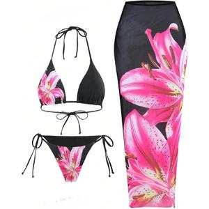 ZAFUL Womens 3pcs Swimsuit Floral Halter Triangle Bikini Top Tie Side Bottom with Long Sheer Cover Up Skirt, L