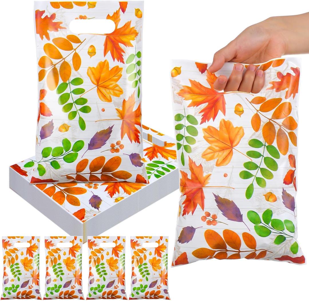 Supervitae 100 Pcs Thanksgiving Fall Bags 8 x 11.8 Inch Bulk Plastic Candy Cookies Treat Goody Bags with Handles for Fall Autumn Party Gift Favor Supplies