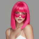 SUKRI Hot Pink Short Bob Wig with Bangs,12 Inch Short Straight Bob Wigs for Women,Shoulder Lenght Heat Resistant Synthetic Hair for Party Cosplay Use