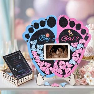 Gender Reveal Guest Book Alternative Footprint Design Wooden Slices with Picture Frame, He or She Baby Shower Decorations, Sign in Guest Book Keepsake for Boy or Girl Birthday Party, Baby Shower