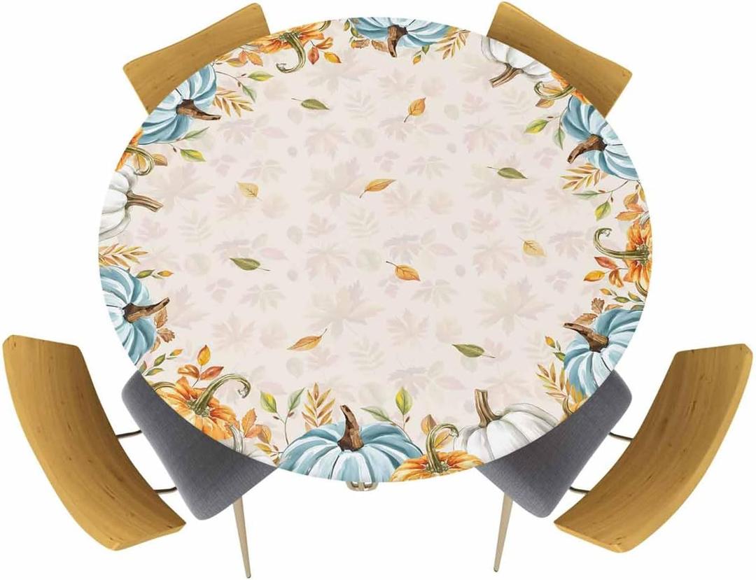 Autumn Pumpkins Round Tablecloth with Elastic Fall Thanksgiving Pumpkin Botanical Maple Leaves Waterproof Stain-proof Table Cover Fitted Table Cloths for 45"-54" Round Table Kitchen Indoor Outdoor Use