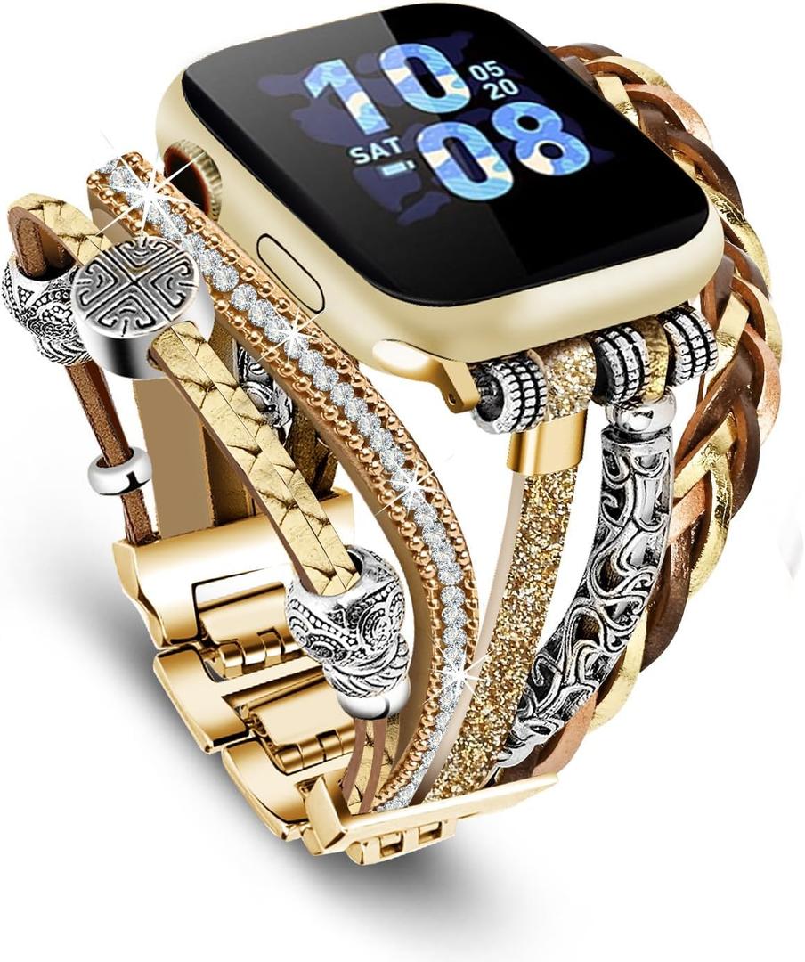 Compatible with Apple Watch Band 40mm for Women, Boho Bracelet for Apple Watch 38mm 41mm, Multilayer Leather Wrap Braided Strap for iWatch Series 10(42mm)/9/8/7/6/5/4/3/2/1/SE Gold