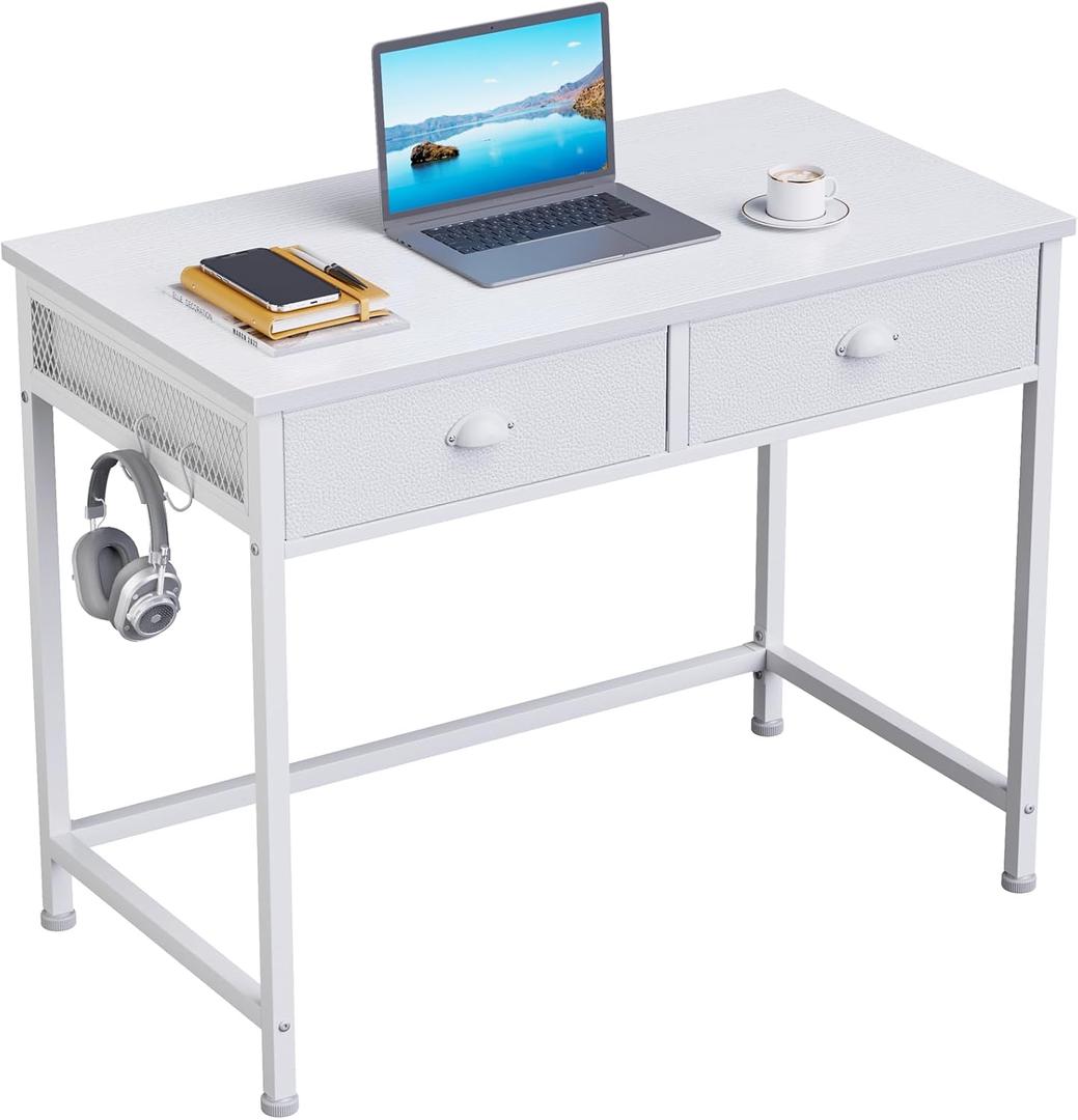 Furologee White Small Computer Desk with 2 Fabric Drawers, 36 Inch Simple Home Office Writing Desk, Vanity Desk with Hooks, Study Desk for Bedroom Small Spaces