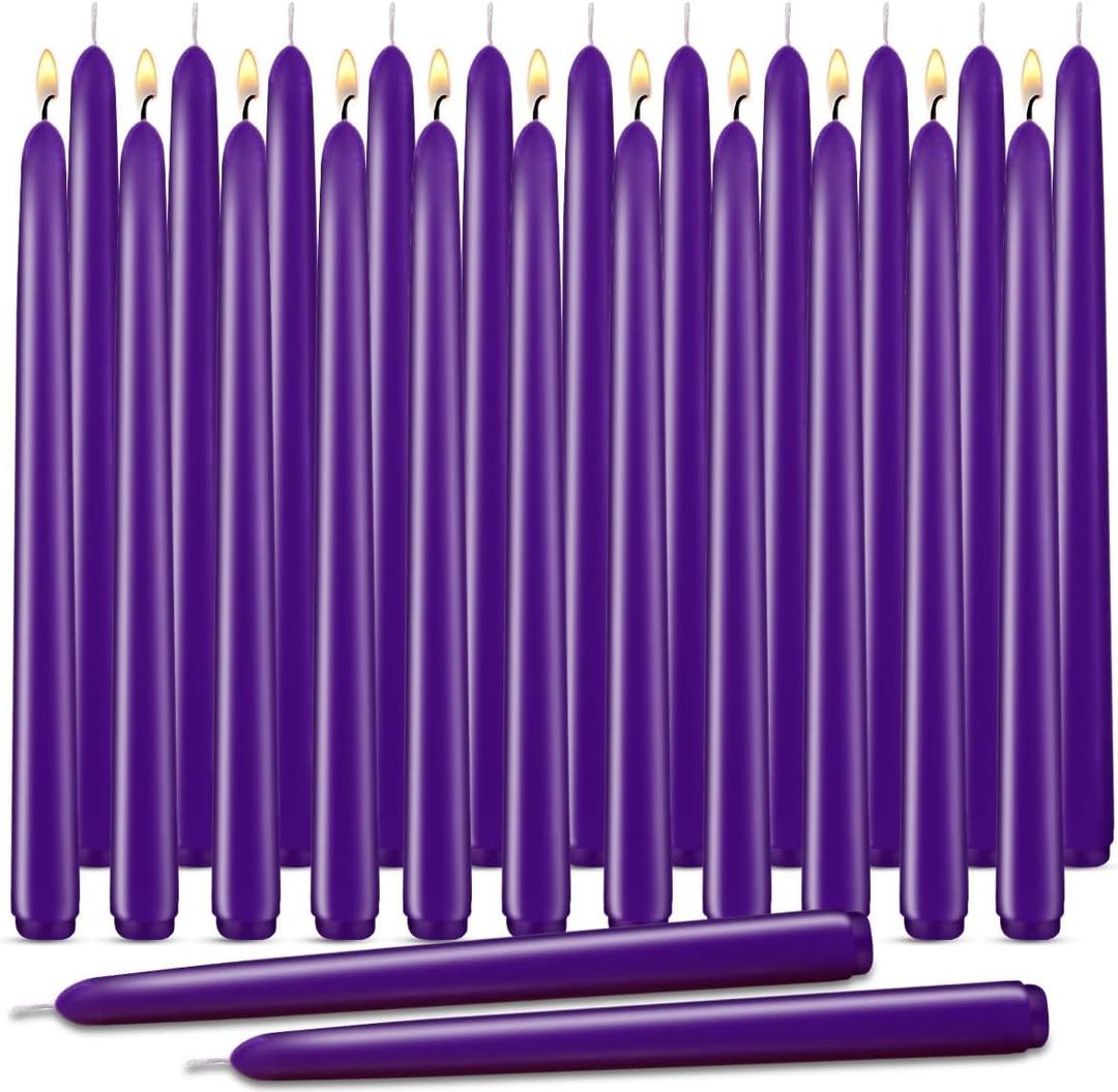 Purple Taper Candles, Set of 24 Unscented and Smokeless 10 Inch Taper Candles Long Burning, Paraffin Wax with Cotton Wicks for Burning Approxinately 7-8 Hours Time