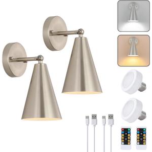 MWZ Brushed Nickel Battery Operated Wall Sconces Set of Two,Wireless Led Lighting with Remote Control, Modern Dimmable 2 Color Temperatures Adjustable Angle Wall Mount Lamp with Silver Metal Shade