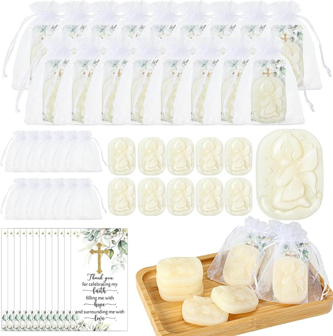 30 Sets Baptism Party Favors for Guests, Baptism Soap Bulk Angel Shaped Soap with Thank You Gift Tags and Organza Bags for Religious Christian Christening Communion Wedding Bridal Baby Shower